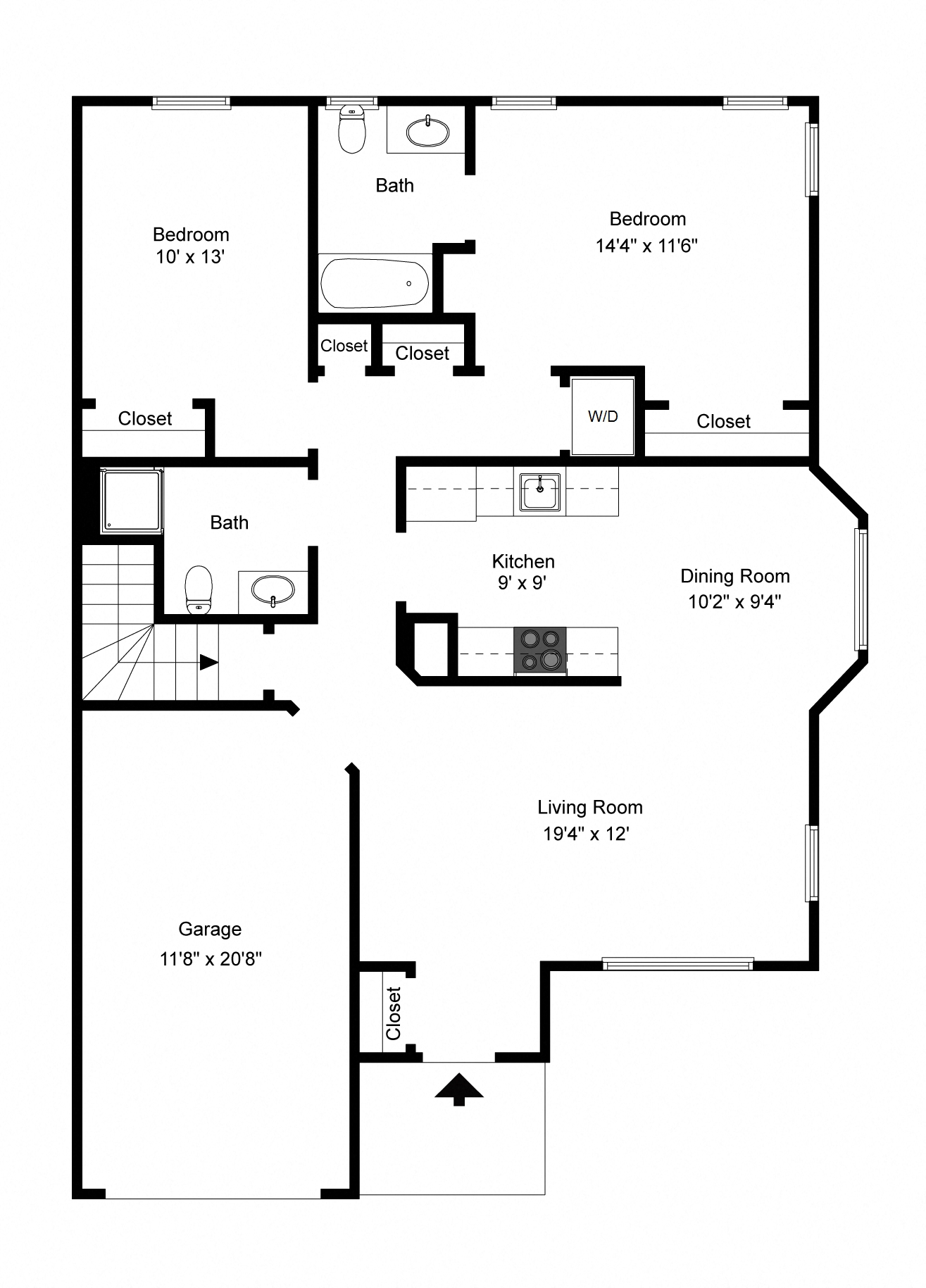 Floor plan for 2 beds, 2 baths, 1135 sqft